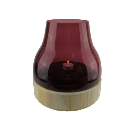 9.75" Merlot Colored Glass Pillar Candle Holder with Wooden Base