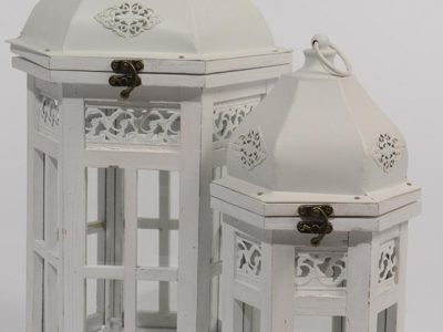 Set of 2 Vintage Rose Distressed White Hexagonal Wood Floral Pillar Candle Lanterns 19.5"